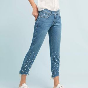 Pilcro and the Letterpress Blue Cropped Jeans with Pearl Embellishments